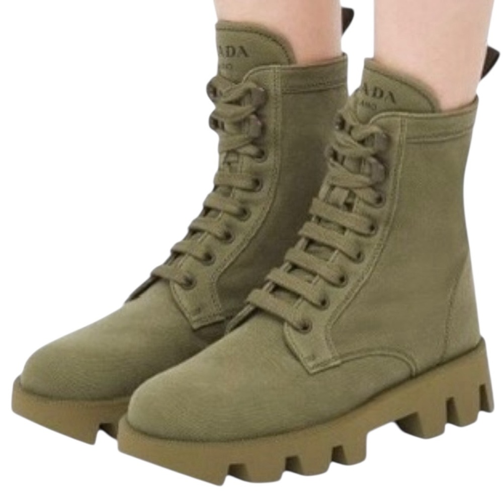 Prada Rocksand Canvas & Leather Lace-Up Lug Sole Military Combat Ankle Boots